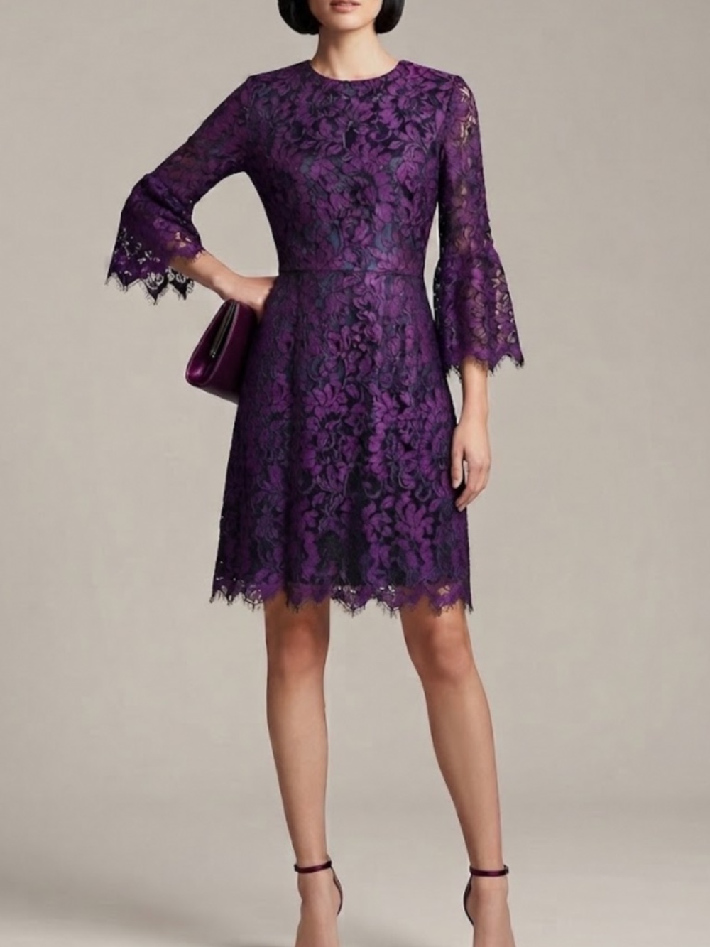 Eliza J Cocktail Dress Purple Lace Long Sleeve Scalloped Hem Party Dress Size 6